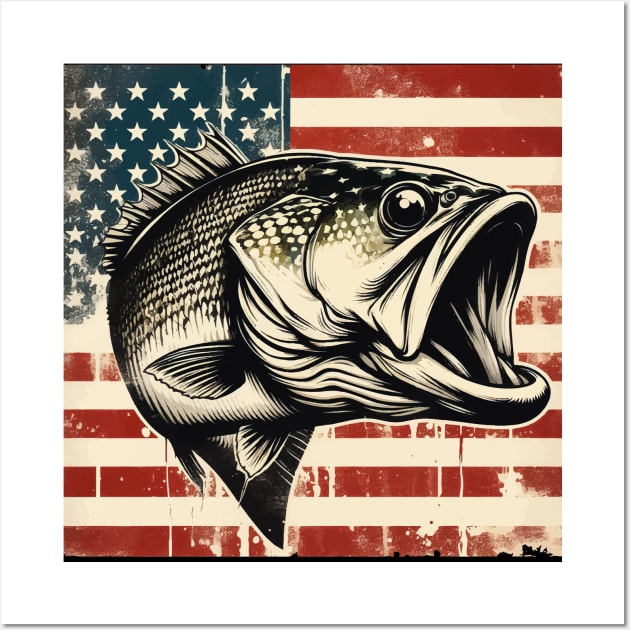 Retro Vintage Bass Fishing on American Flag Wall Art by TomFrontierArt